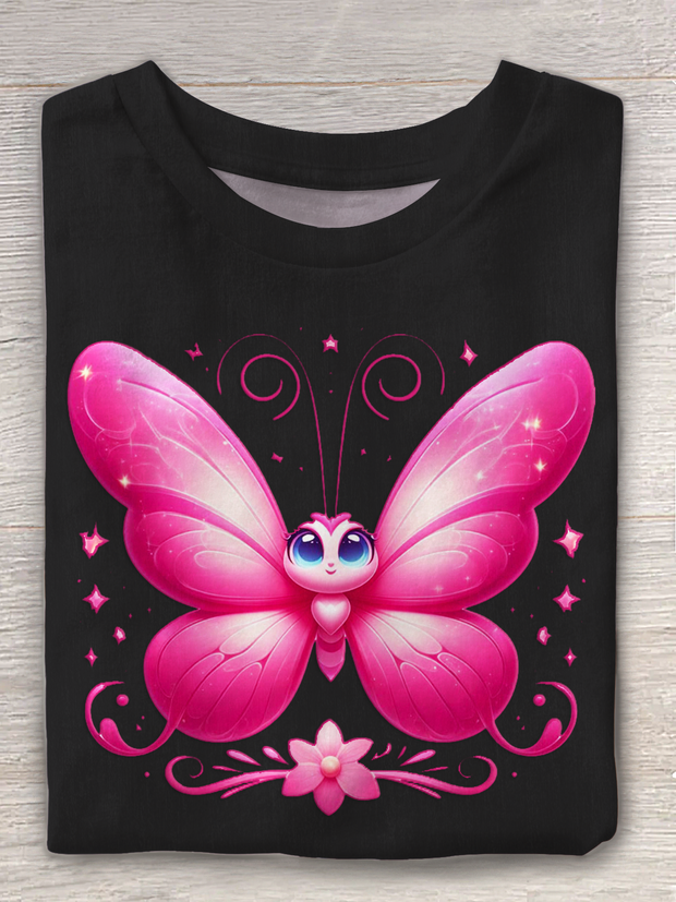 Cute Cartoon Butterfly Print Crew Neck T-shirt