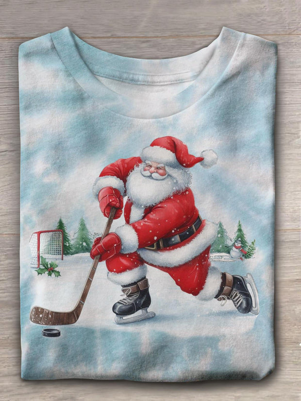 Santa Playing Hockey Crew Neck T-shirt