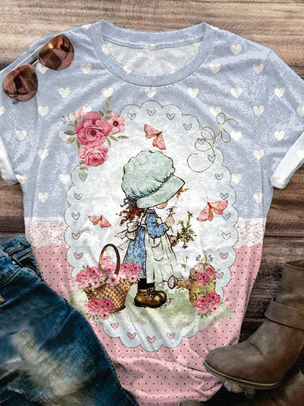 Vintage Girl Pastoral Childhood Memory Fun Print Casual T-shirt