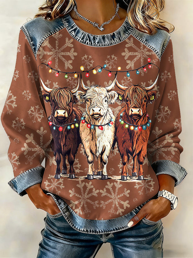 Women's Christmas Retro Highland Cow Raglan Spliced Crew Neck Sweatshirt