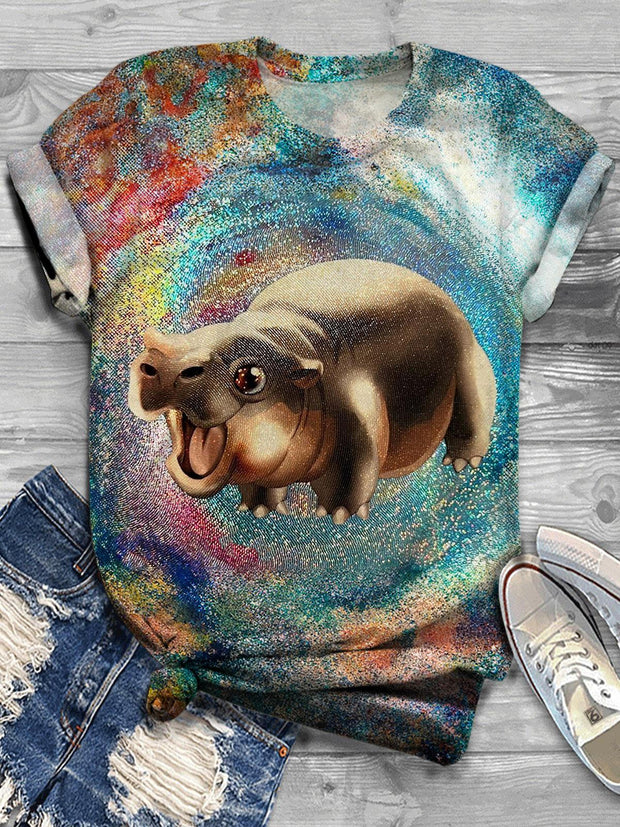 Cute Hippo Gradient Print Round Neck Casual T-shirt