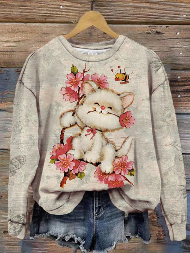 Women's Cute Cat Floral Illustration Print Casual Long Sleeve Top