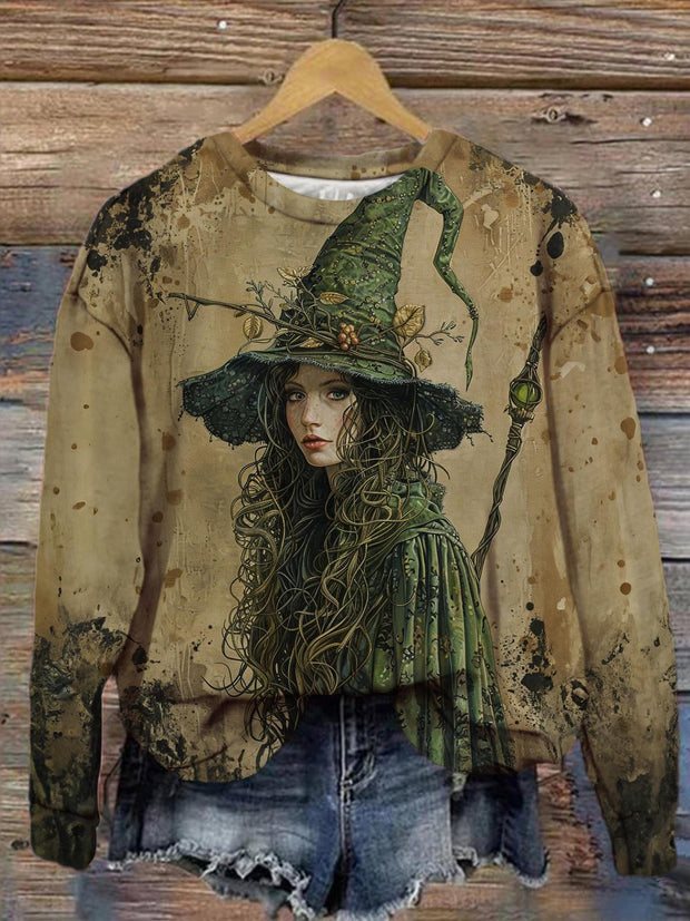 Women's Halloween Witch Retro Print Casual Round Neck Long Sleeve Top