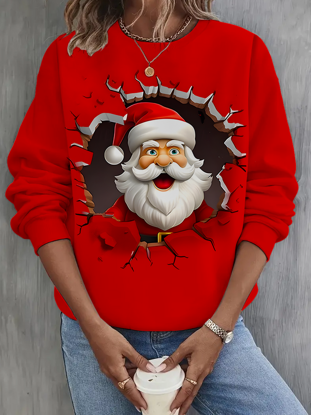Retro Fun Santa Claus Printed Long Sleeve Casual Top
