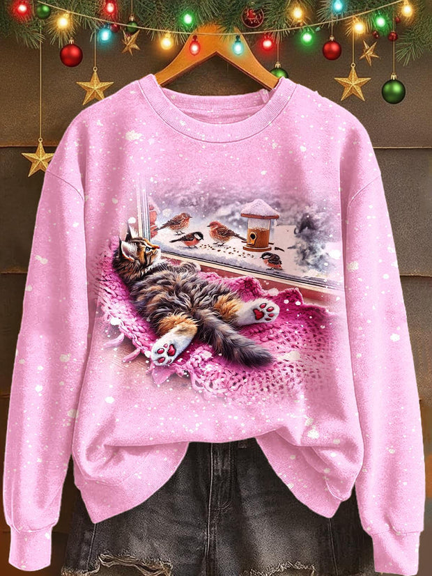 Winter Kitten Print Long Sleeve Casual Top