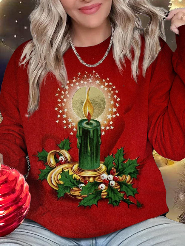 Christmas Candlelight Retro Print Long Sleeve Top