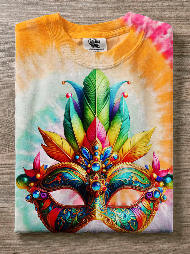 Mardi Gras Festival Party Mask Feather Print Casual T-shirt