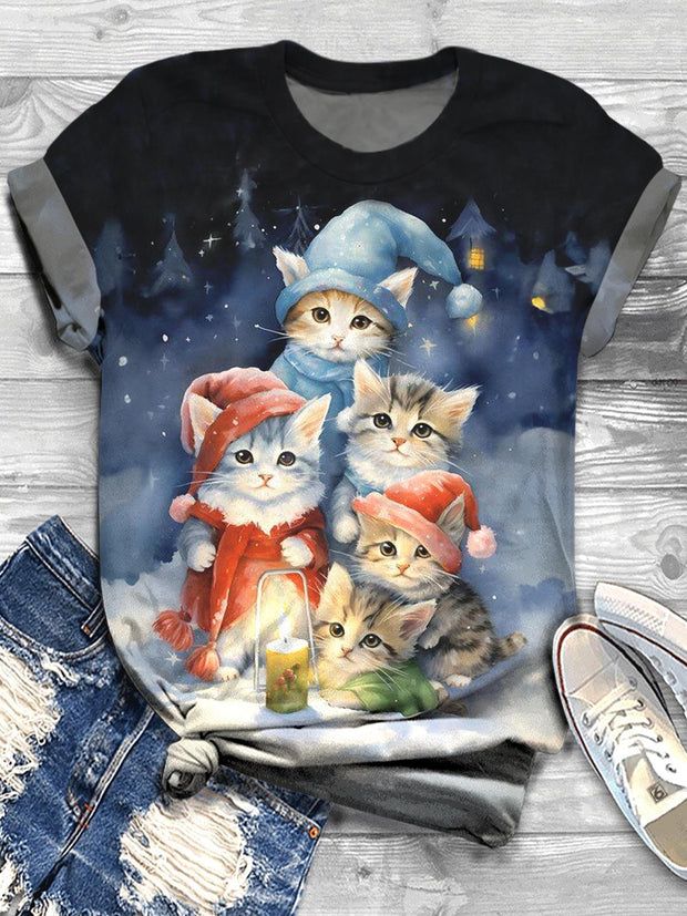 Winter Cat In Pajamas Crew Neck T-shirt