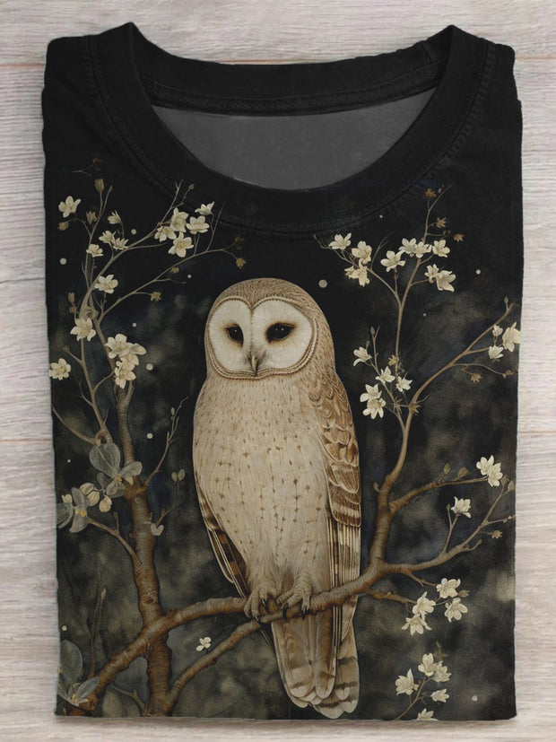 Owl Night Blossom Print Crew Neck T-shirt