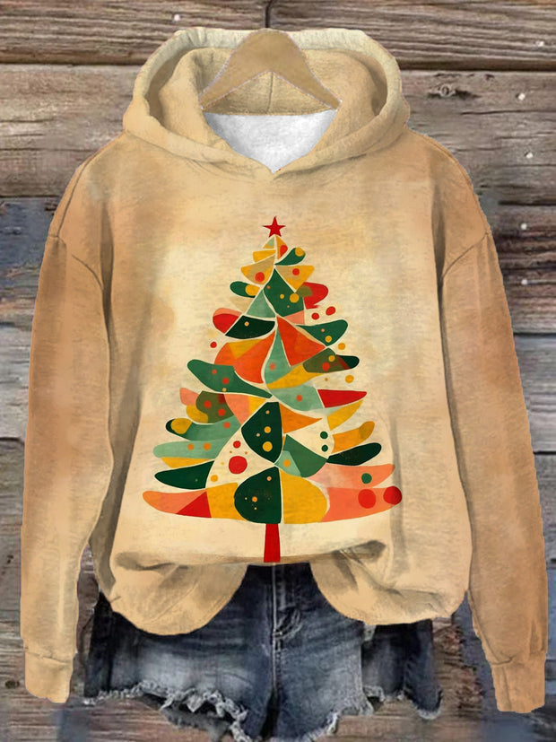 Retro Color Block Collage Christmas Tree Long Sleeve Printed Hoodie