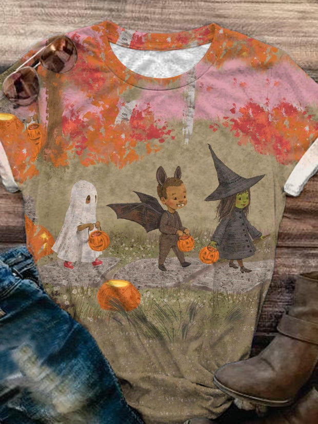 Halloween Elf Retro Distressed Round Neck Short Sleeve T-Shirt