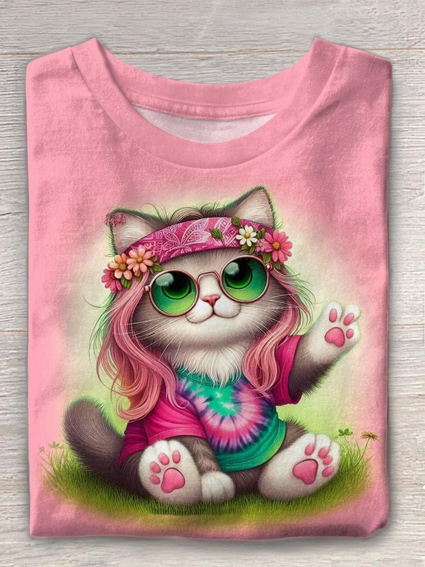 Hippie Cute Kitten Crew Neck T-shirt