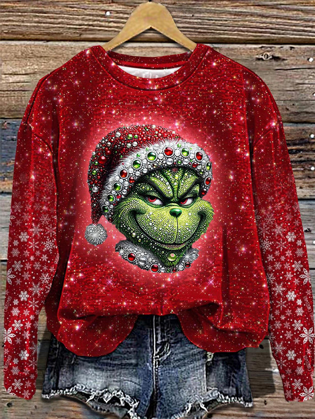 Women's Rhinestone Funny Christmas Crew Neck Casual Sweatshirt