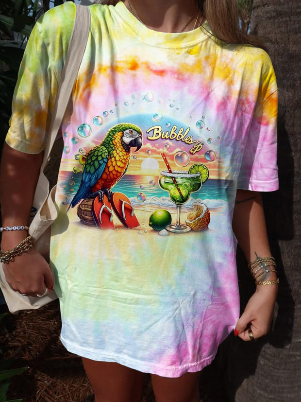 Tie Dye Vacation Parrot Print Crew Neck T-shirt