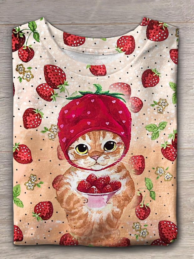 Women's Valentine's Day Strawberry Cat Print Crew Neck T-shirt