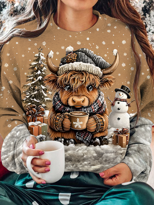 Cute Christmas Highland Cow Printed Long Sleeve Casual Top