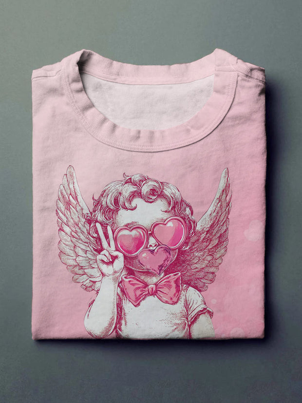 Retro Cupid Valentine Blowing Bubble Crew Neck T-shirt