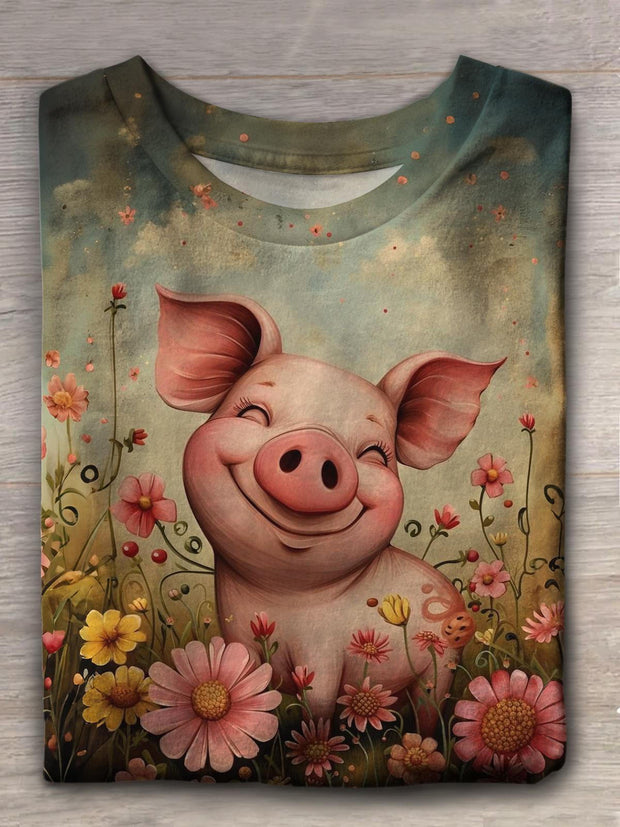 Women's Cute Pig Vintage Floral Print Casual T-shirt