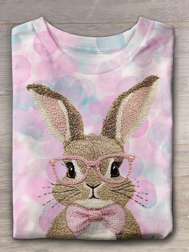 Retro Easter Bunny Faux Embroidery T-shirt