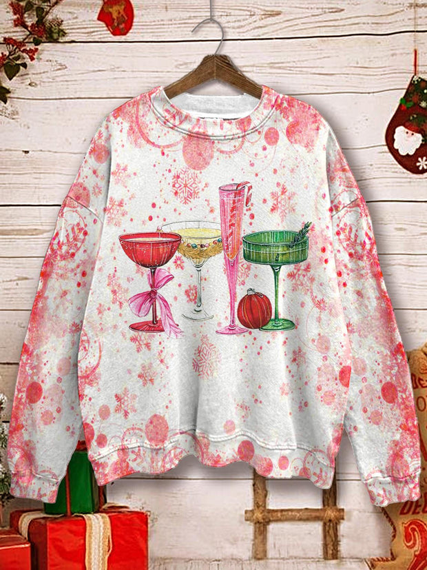 Women's Christmas Wine Glass Printed Long Sleeve Casual Top