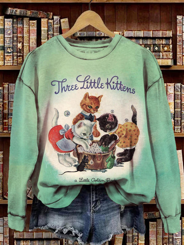 Three Little Kittens Spring Cleaning Vintage Print Long Sleeve Top