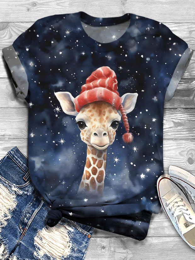 Giraffe With Red Hat Crew Neck T-shirt