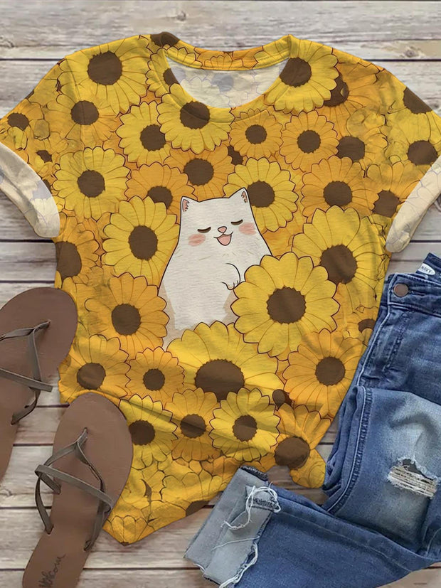 Cute Cat Yellow Flowers Crew Neck T-shirt