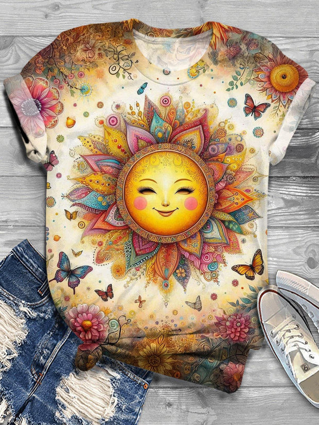 Cute Sun Retro Flowers Print Crew Neck T-shirt