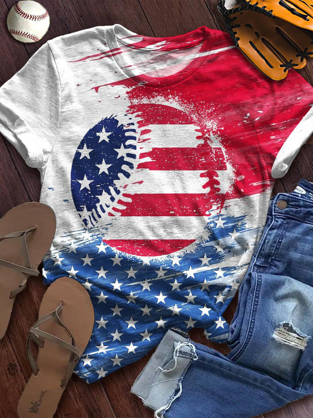 Women's American Flag Baseball Print Crew Neck T-shirt