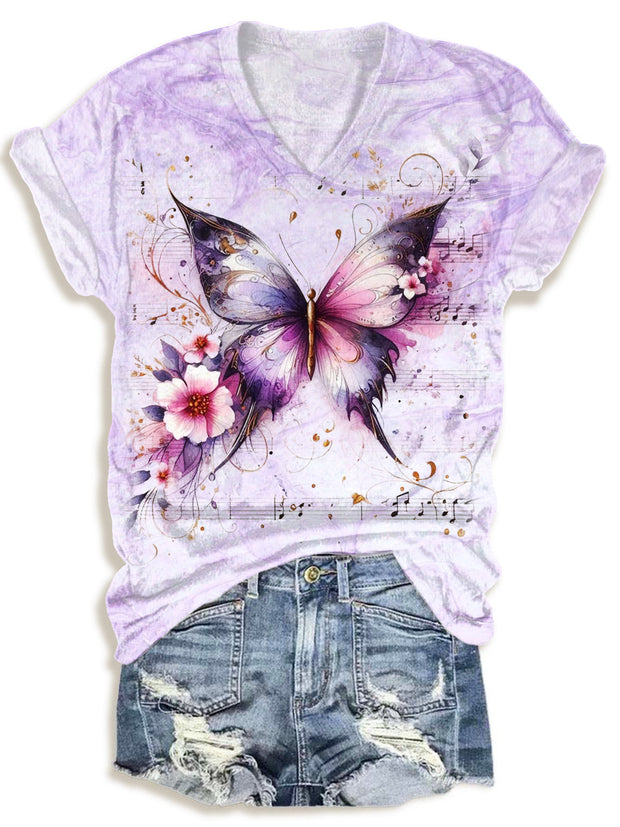 Retro Butterfly And Flowers Print V-neck T-Shirt