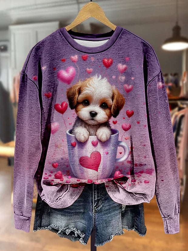 Cute Puppy Romantic Purple Valentine's Day Print Long Sleeve Casual Top