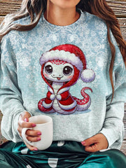 Women's New Year And Christmas Snake Print Crew Neck Casual Sweatshirt