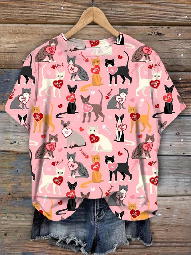 Women's Valentine Cat Crew Neck T-shirt