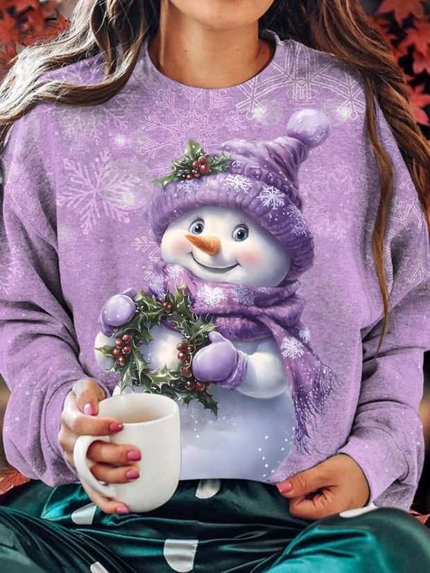 Cute Purple Snowman Round Neck Long Sleeve Top