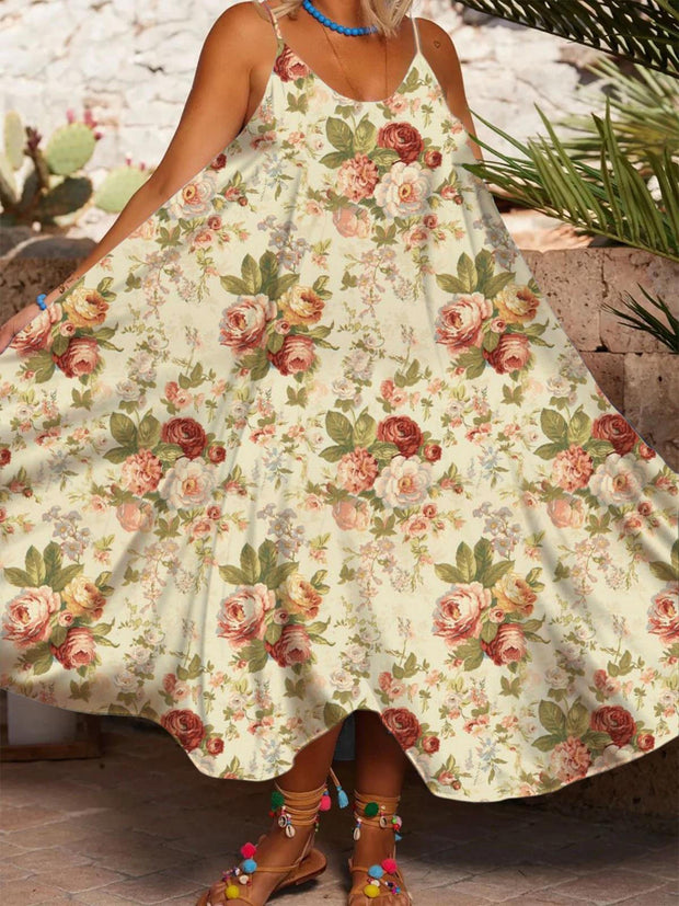 Women's Retro Flowers Printed Casual Spaghetti Strap Dress