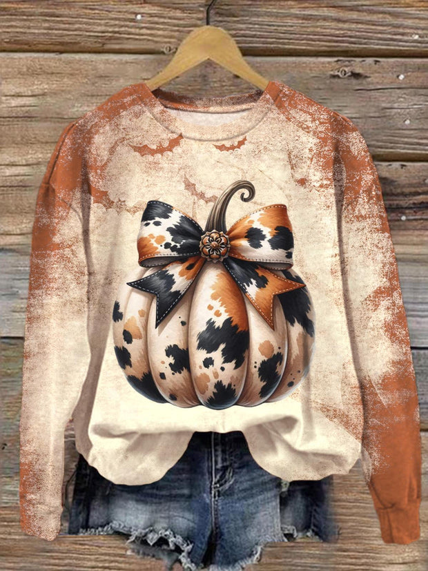 Women's Cowhide Pumpkin Round Neck Long Sleeve Top