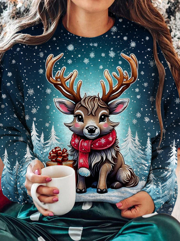 Women's Christmas Reindeer Gifts Print Crew Neck Casual Sweatshirt