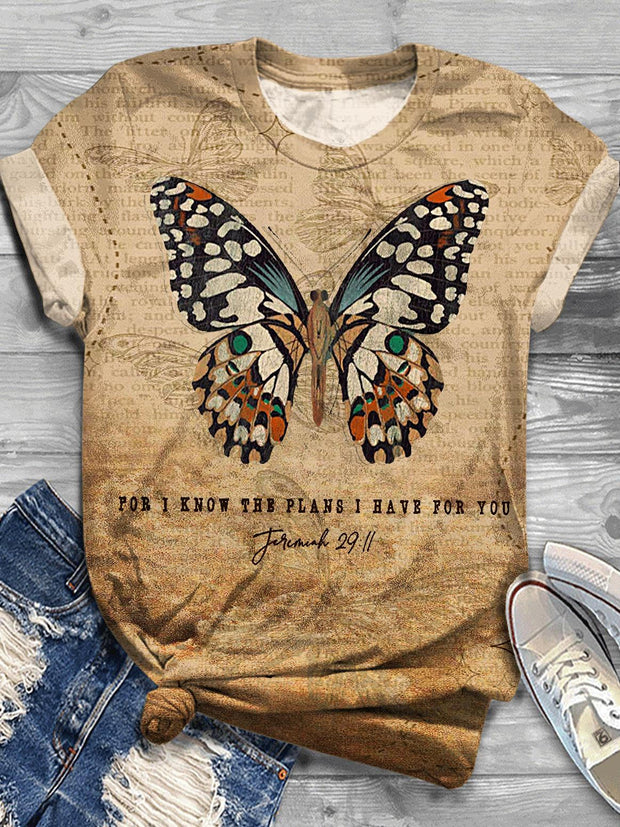 Women's Vintage Christian Jesus Butterfly Christian Print Crew Neck T-shirt