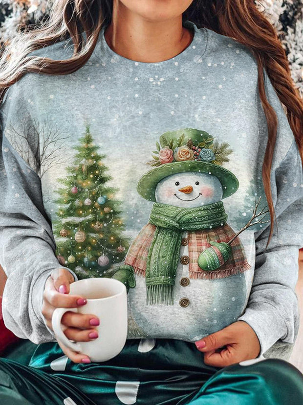 Women's Cold Snowman Winter Print Round Neck Long Sleeve Top