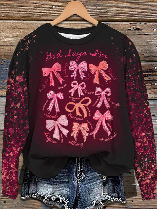 Women's Pink Valentine's Day Christian Printed Long Sleeve Casual Top