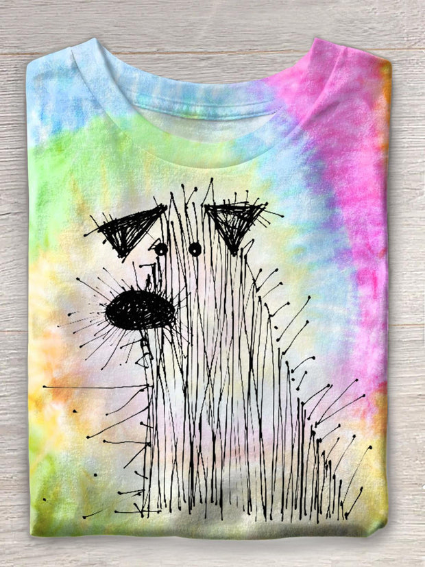 Scrawled Puppy Tie-Dye Print Crew Neck T-shirt