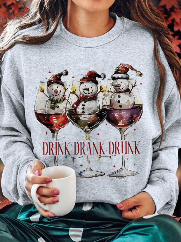 Drink Drank Drunk Funny Christmas Snowman Crew Neck Casual Sweatshirt