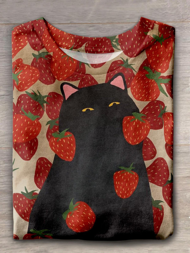 Cute Cat Strawberry Print Crew Neck T-shirt