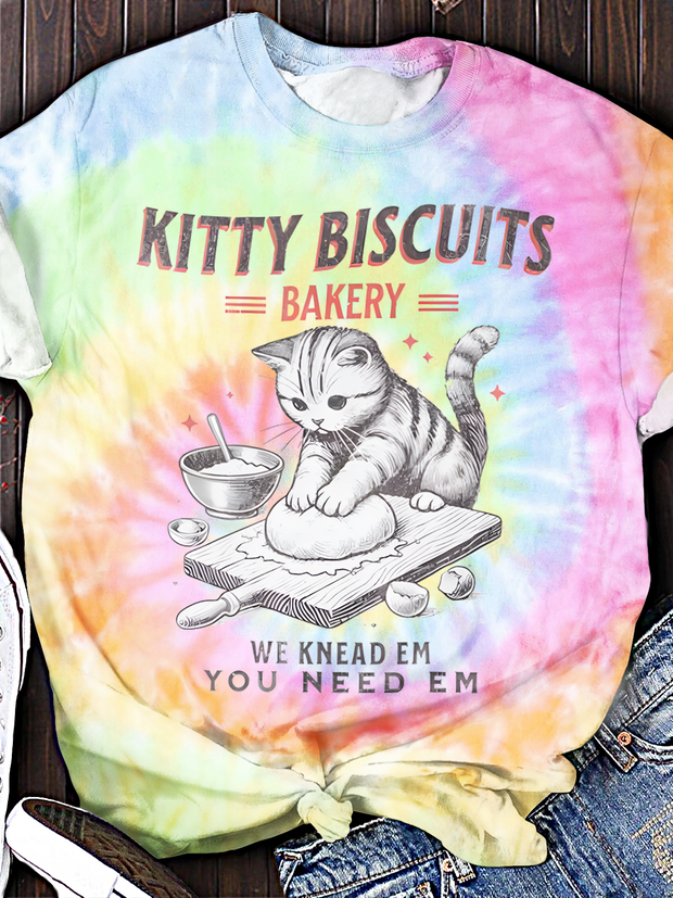 Cute Kitty Biscuits Bakery Retro Style Crew Neck T-shirt