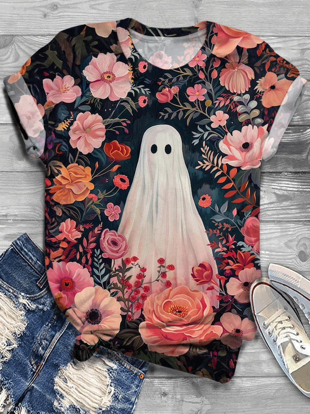 Spooky Ghost Pink Wildflower Crew Neck T-shirt