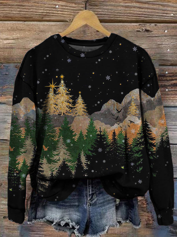 Women's Christmas Tree Mountain Vintage Print Casual Top