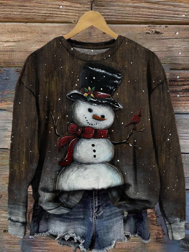 Women's Christmas Snowman Vintage Print Long Sleeve Top