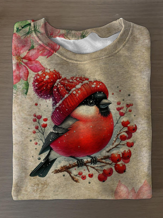 Cardinal Wearing Santa Hat Printed Long Sleeve Casual Top