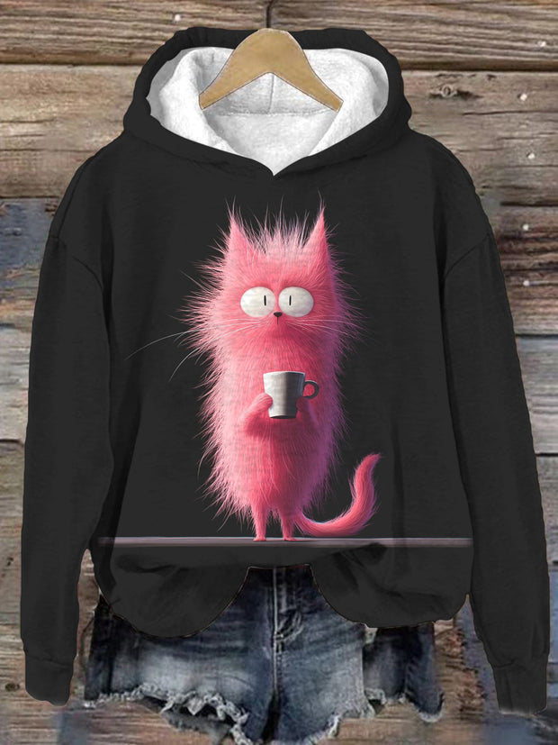 Funny Fried Coffee Cat Printed Hoodie