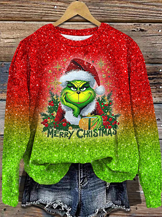 Women's Glitter Christmas Printed Long Sleeve Casual Top